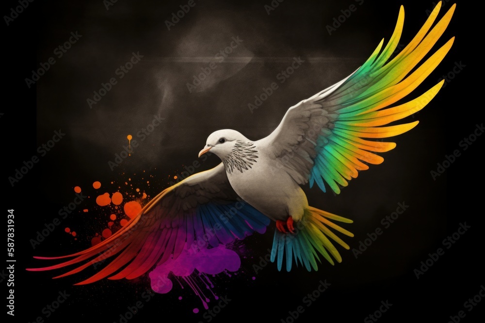 Fototapeta premium multicolored dove of peace:Symbol of diversity and harmony on black background, Generative AI