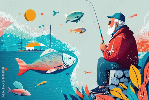 Senior man fishering on bright background, created with Generative AI technology photo