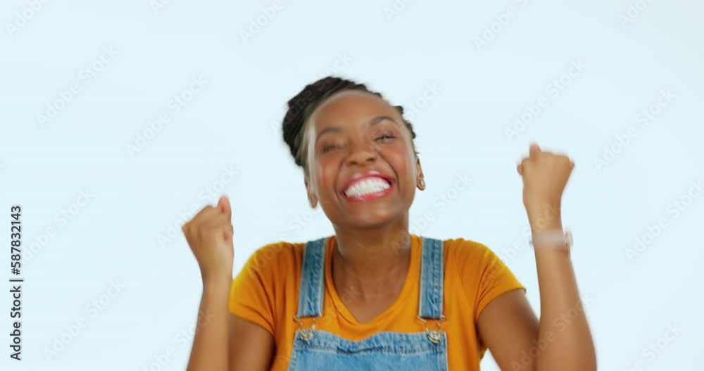 Excited face, dance and black woman celebrate achievement, success goals or prize winning. Portrait, winner or studio person celebration for wow news, dancing energy or victory on white background Excited face, dance and black woman celebrate achievement, success goals or prize winning. Portrait, winner or studio person celebration for wow news, dancing energy or victory on white background