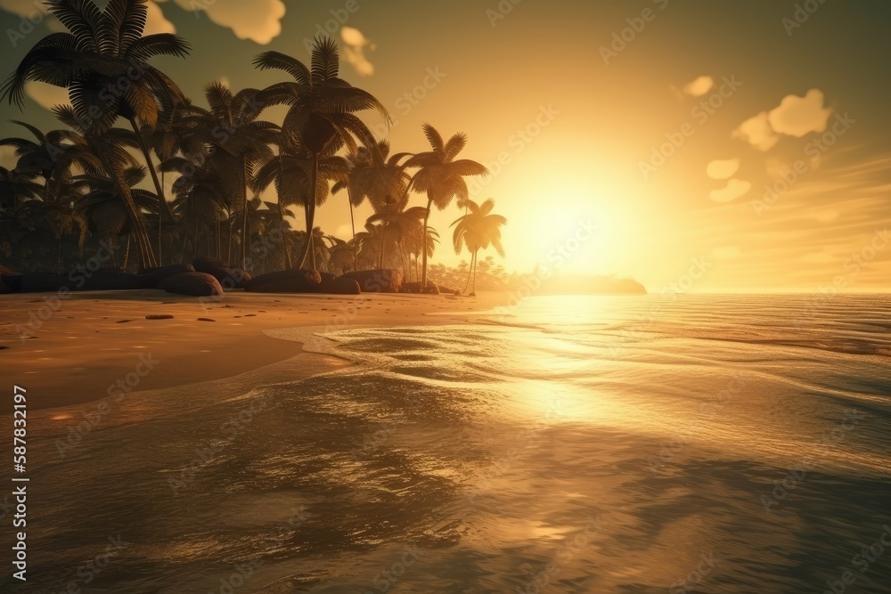picturesque tropical beach at sunset with palm trees. Generative AI