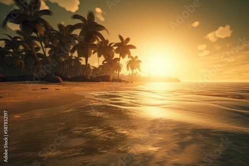 picturesque tropical beach at sunset with palm trees. Generative AI