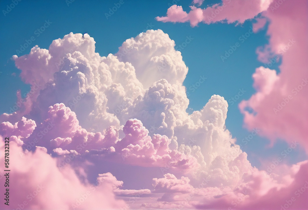 Background of fluffy baby pink pastel cotton candy clouds in the blue sky. Generative AI  