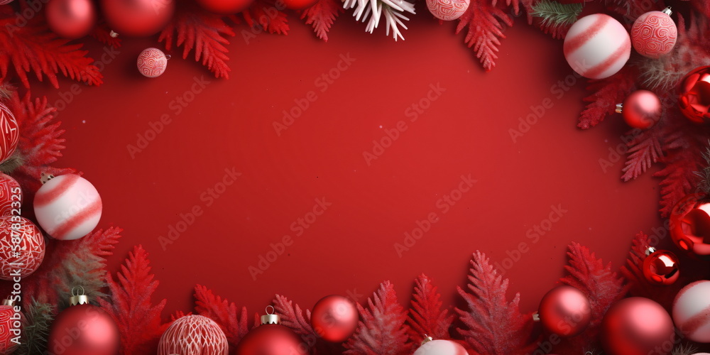 Weihnachten und Neujahrs Hintergrund mit roten Kugeln, Tannenzweigen und Zuckerstangen mit Platz für Text - erstellt mit KI Weihnachten und Neujahrs Hintergrund mit roten Kugeln, Tannenzweigen und Zuckerstangen mit Platz für Text - erstellt mit KI