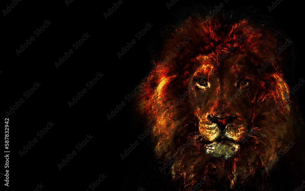 Naklejka premium Painted Lion Head Side on Black Background features an intensely colored digitally painted lion head on a field of black positioned to the right of the frame in a landscape ratio.