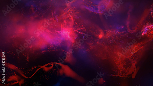 Abstract Liquid Red and Blue Background features red and blue particles mixing together in an abstract space smoke form.