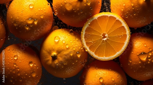 Orange fruit seamless background with water drops, top view, flat lay. Generative AI