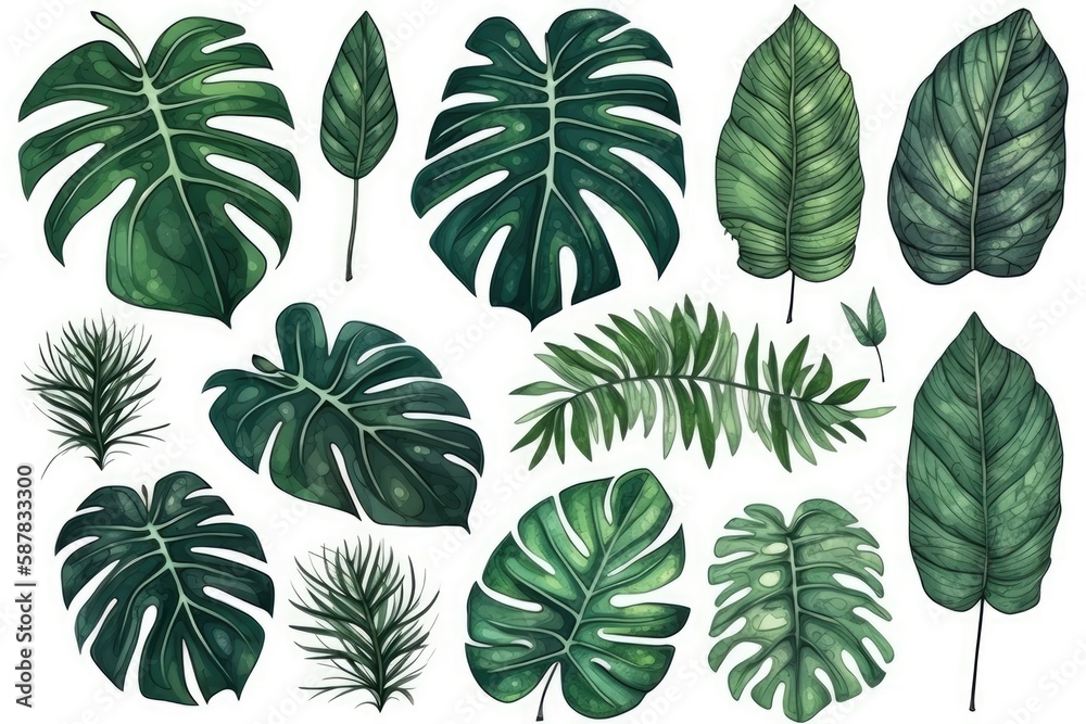 tropical leaf collection with various shapes and colors on a white background. Generative AI