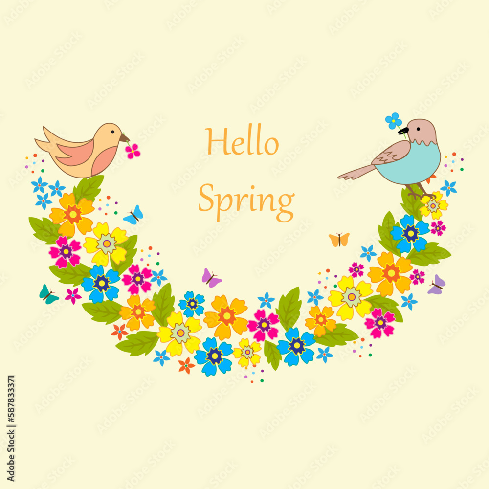 Spring banner with flowers, birds and butterflies/