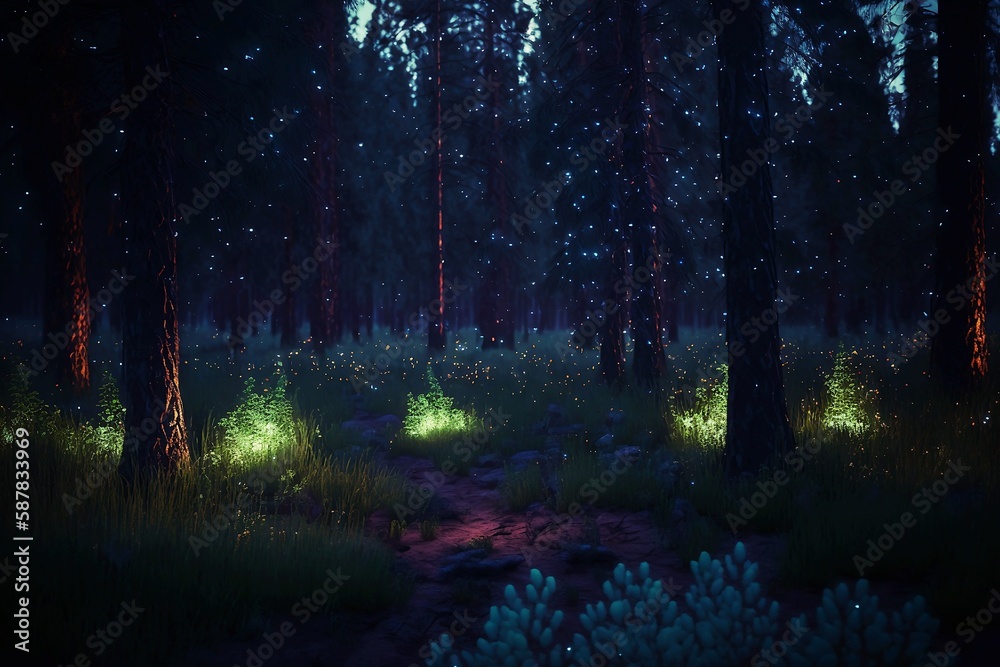 Obraz premium Pine forest with fireflies, Generative AI illustrations