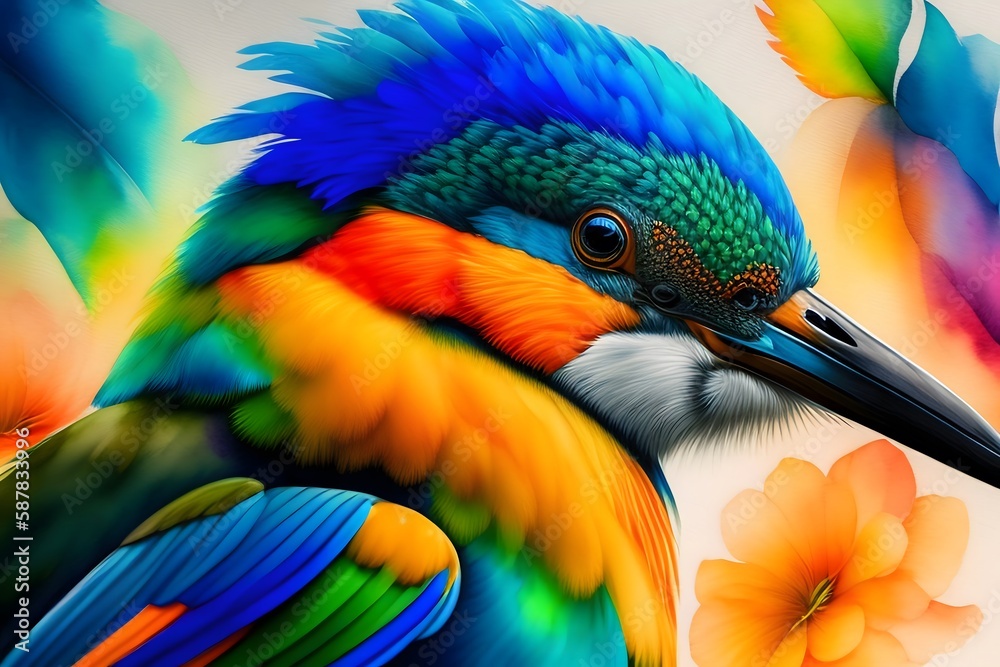 Obraz premium Graphic representation of Kingfisher's Colorful Watercolor. Generative AI. 
