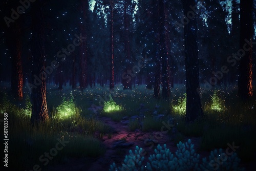 Pine forest with fireflies, Generative AI illustrations © Heisenberg1992