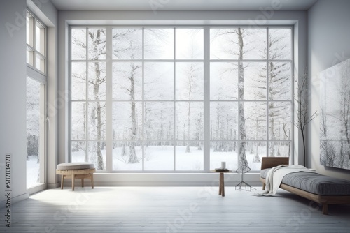 Cozy Bedroom with a Panoramic View of a Snowy Forest. Generative AI © AkuAku