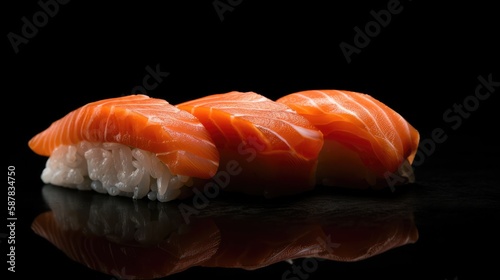 Premium Salmon Sushi, in studio lighting, Japanese Food, Close up Detail Focus, Generative AI