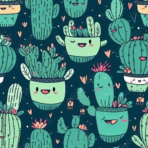 seamless pattern with cute cactus cartoons, generative ai, generative, ai