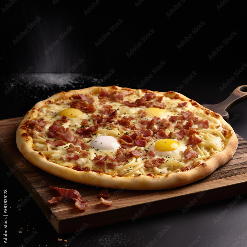 Pizza Carbonara - Eine Pizza ohne Tomatensauce, aber mit Mozzarella-Käse, Speck, Ei und Parmesan-Käse als Topping.