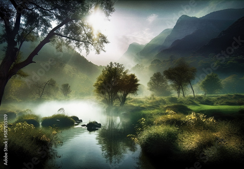 A Fantastical Landscape with a Misty Lake and Magnificent Light - generative ai