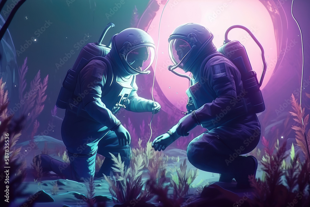 Two astronauts explore new plants on an alien planet.