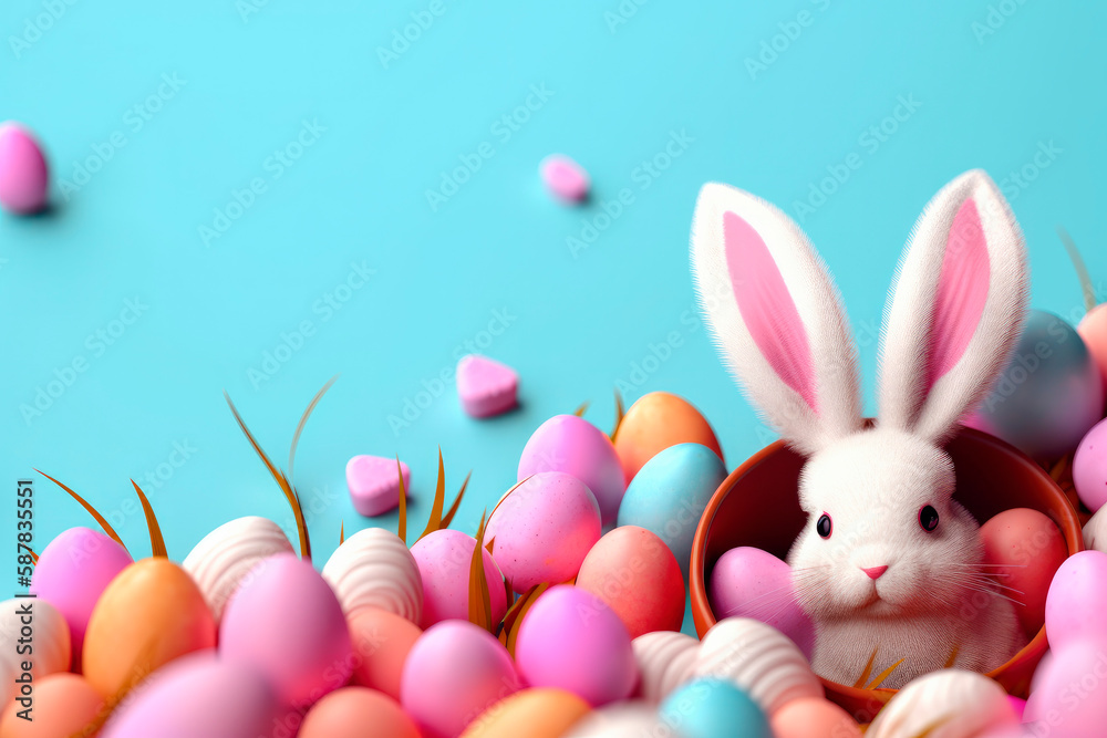 Delightful Easter Bunny and Colorful Easter Eggs, pink plush easter bunny in a bowl on a pastel blue background