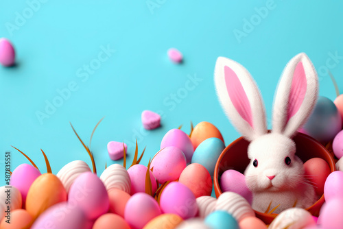 Delightful Easter Bunny and Colorful Easter Eggs, pink plush easter bunny in a bowl on a pastel blue background © jeremy