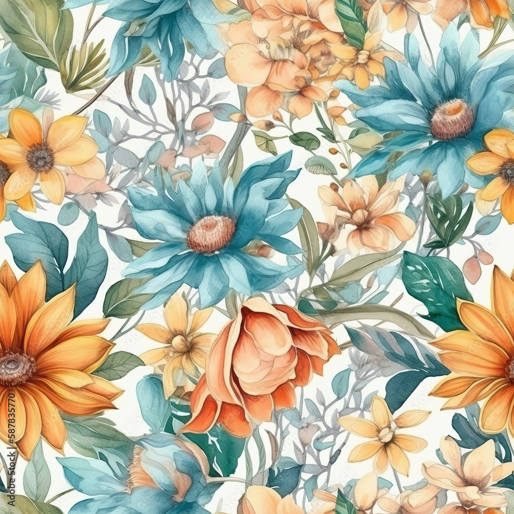 seamless pattern with flowers, water color, generative ai, generative, ai seamless pattern with flowers, water color, generative ai, generative, ai