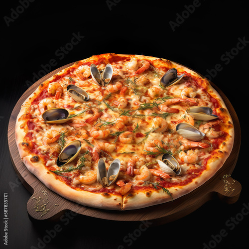 Frutti di Mare - Eine Pizza mit Tomatensauce, Meeresfrüchten (z. B. Garnelen, Muscheln, Tintenfisch) und Mozzarella-Käse.