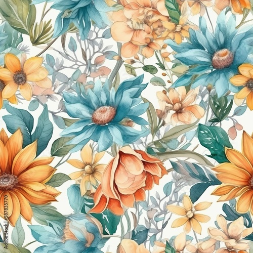 seamless pattern with flowers, water color, generative ai, generative, ai