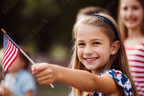 Smiling little girl waving a US flag at a parade. Generative AI