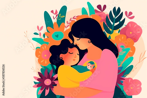 Hispanic woman with two children, mother’s day watercolor flowers painting banner, generative AI