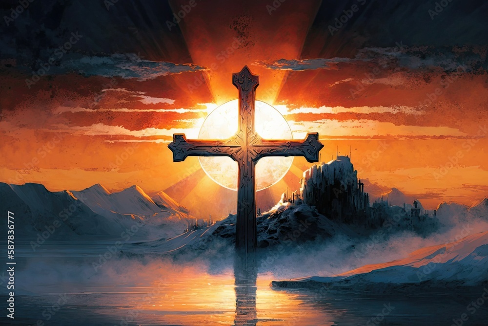 cross on a hill with the sun shining behind it, generative ai ...