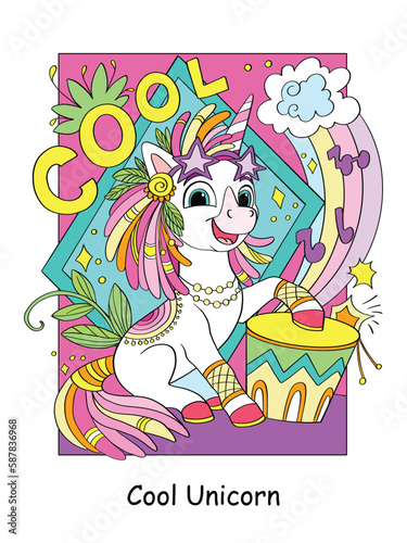 Cute unicorn with flowers color vector illustration