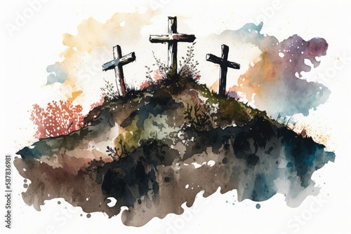 watercolor style art of three crosses on a hill with a colorful sky, generative ai, generative, ai