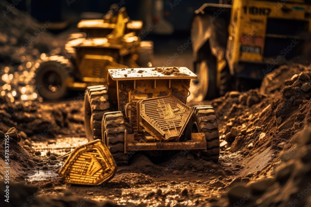 Fototapeta premium heavy-duty dump truck excavating soil with a front-end shovel. Generative AI
