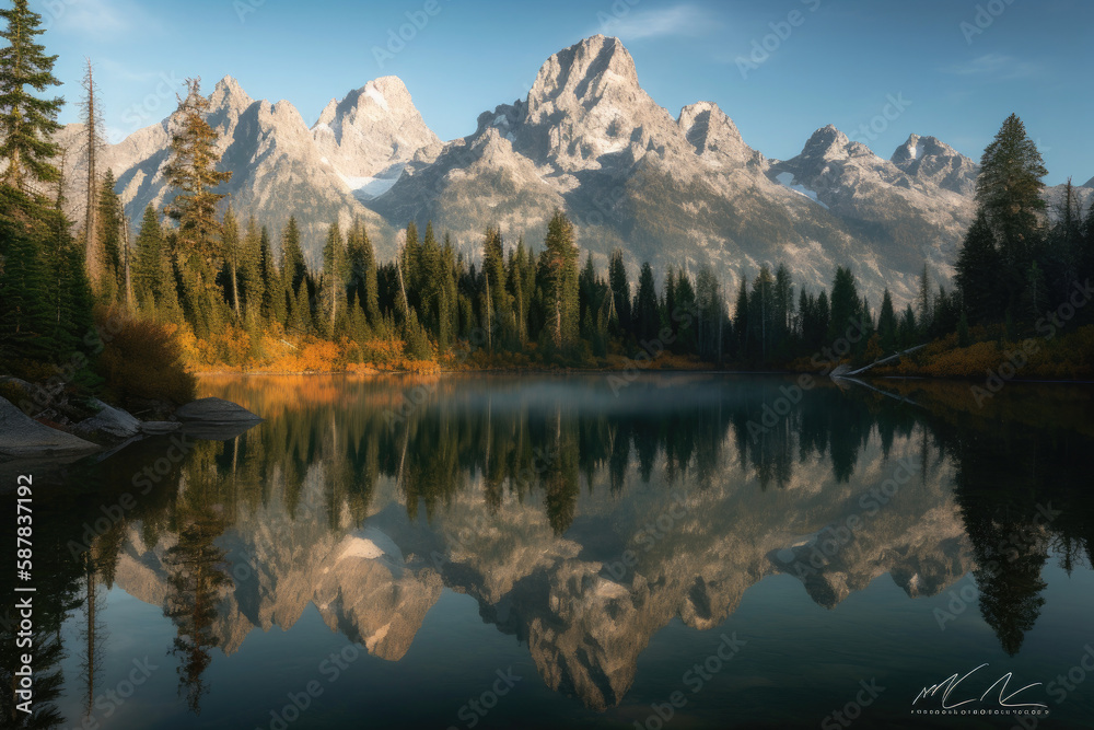 A natural wonderland with rugged rocky mountains of towering peaks the shimmering alpine lakes reflect the verdant forests as the white haze layers spread across the landscape。