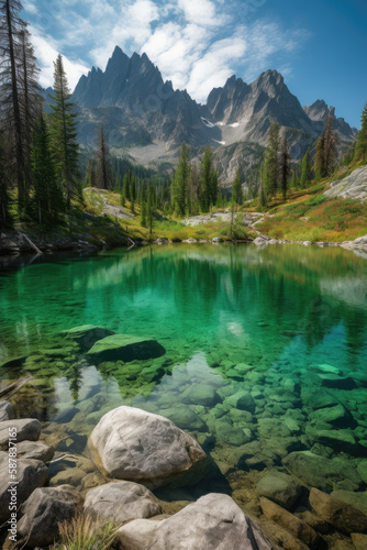 A natural wonderland with rugged rocky mountains of towering peaks the shimmering alpine lakes reflect the verdant forests as the white haze layers spread across the landscape   