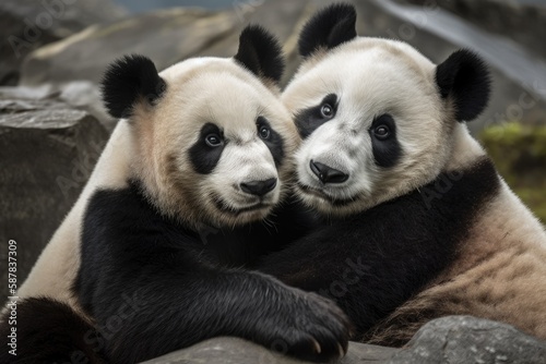 Illustration of two pandas perched on a rocky outcrop in a bamboo forest. Generative AI