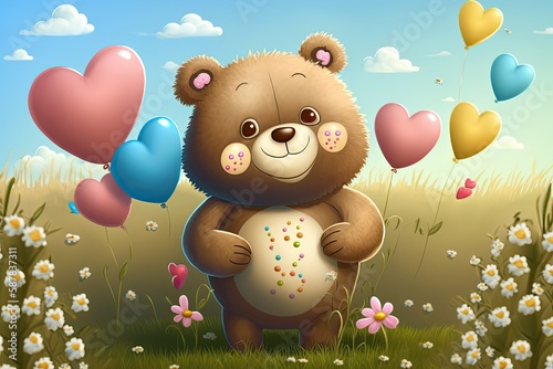 cute smiling brown teddy bear standing in a field of flowers and surrounded by pink yellow and blue balloons, generative ai, generative, ai