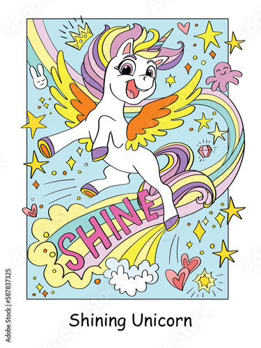 Cute unicorn pegasus with rainbow color vector illustration