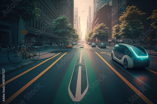 The future of urban mobility bike lanes and e-scooters, created with Generative AI technology photo