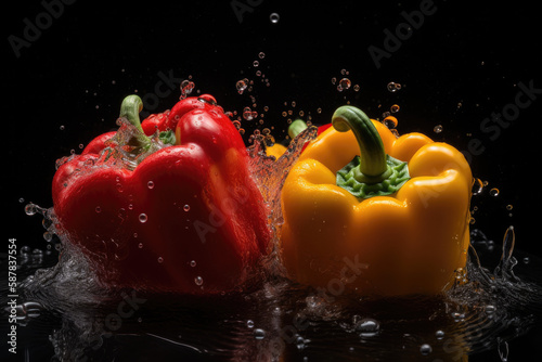 Bell peppers of various colors with water drops.