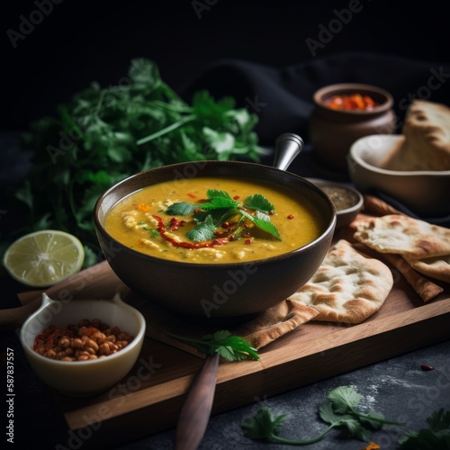 Steaming Hot Bowl of Dal Soup with Colorful Garnishes in India - Perfect for Indian Cuisine Ads