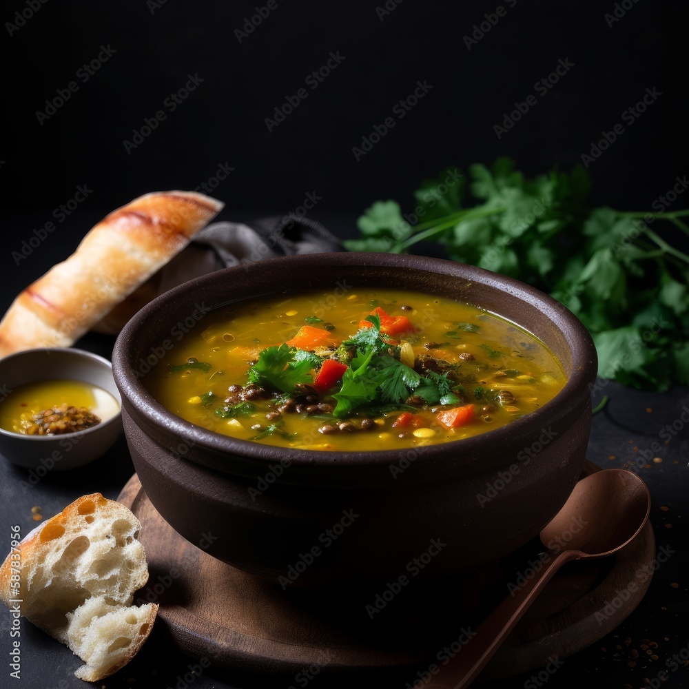 Steaming Hot Bowl of Dal Soup with Colorful Garnishes in India - Perfect for Indian Cuisine Ads Steaming Hot Bowl of Dal Soup with Colorful Garnishes in India - Perfect for Indian Cuisine Ads