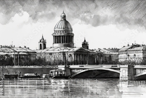 monochromatic cityscape featuring a bridge and buildings. Generative AI