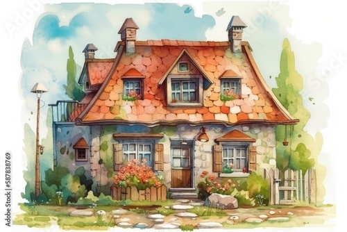 charming house with a vibrant red roof painted in watercolors. Generative AI