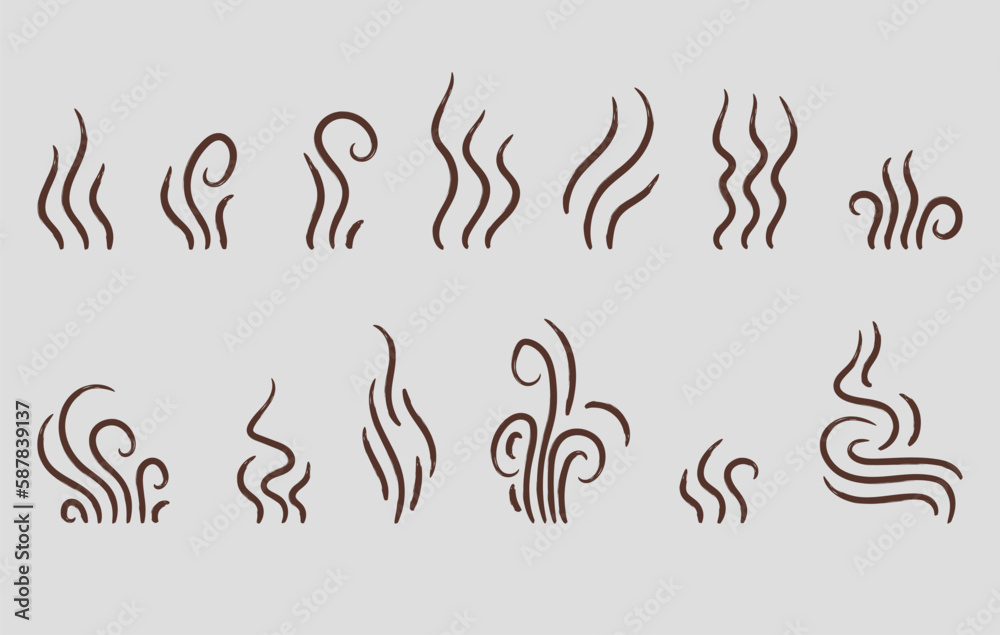 Smoke, Steam, Aroma flat line icon set. Signs for fume shapes, aroma smell or heat illustration