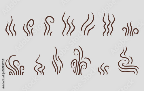 Smoke, Steam, Aroma flat line icon set. Signs for fume shapes, aroma smell or heat illustration. 