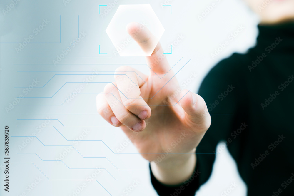 Woman using futuristic digital interface display Woman using futuristic digital interface display