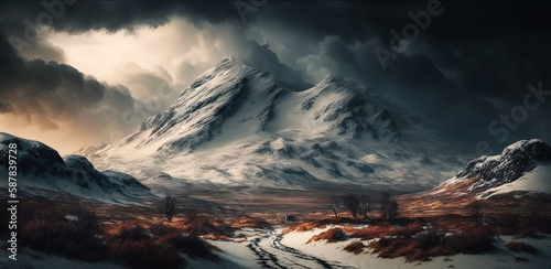 Hill in the snow, surrounded by snow-capped mountains, and a gloomy sky Generative AI