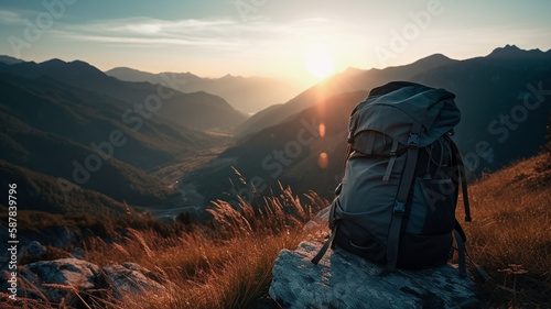 Travel backpack with landscape view of mountain With a bright atmosphere and a ray of sun Generative AI illustrations
