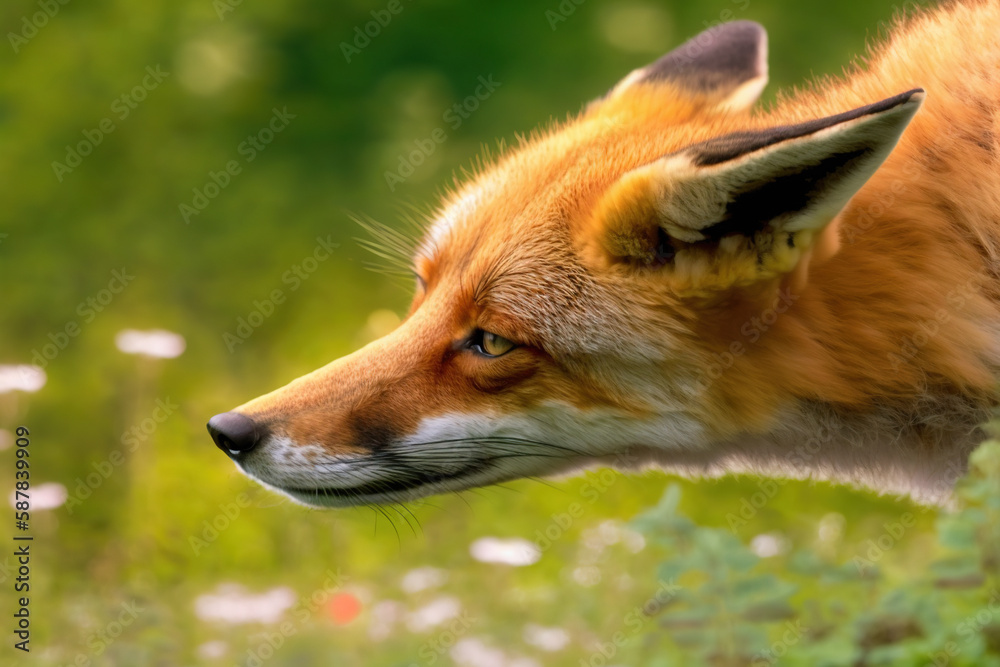 Fototapeta premium red fox in the grass, red fox closeup in nature