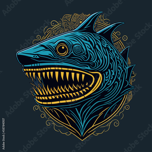 Shark head emblem vintage ornamental design. Medieval logo. Print design. t-shirt design.